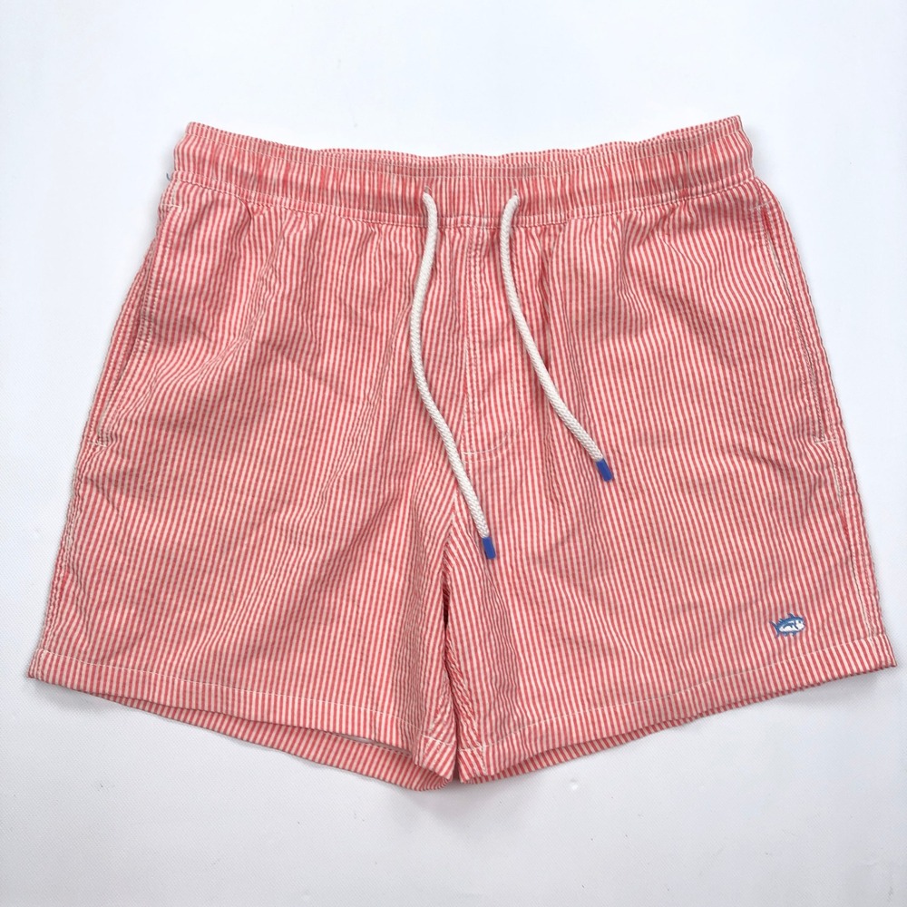 Southern Tide Mens Seersucker Swim Trunks Coral White Striped Large 6 Inseam